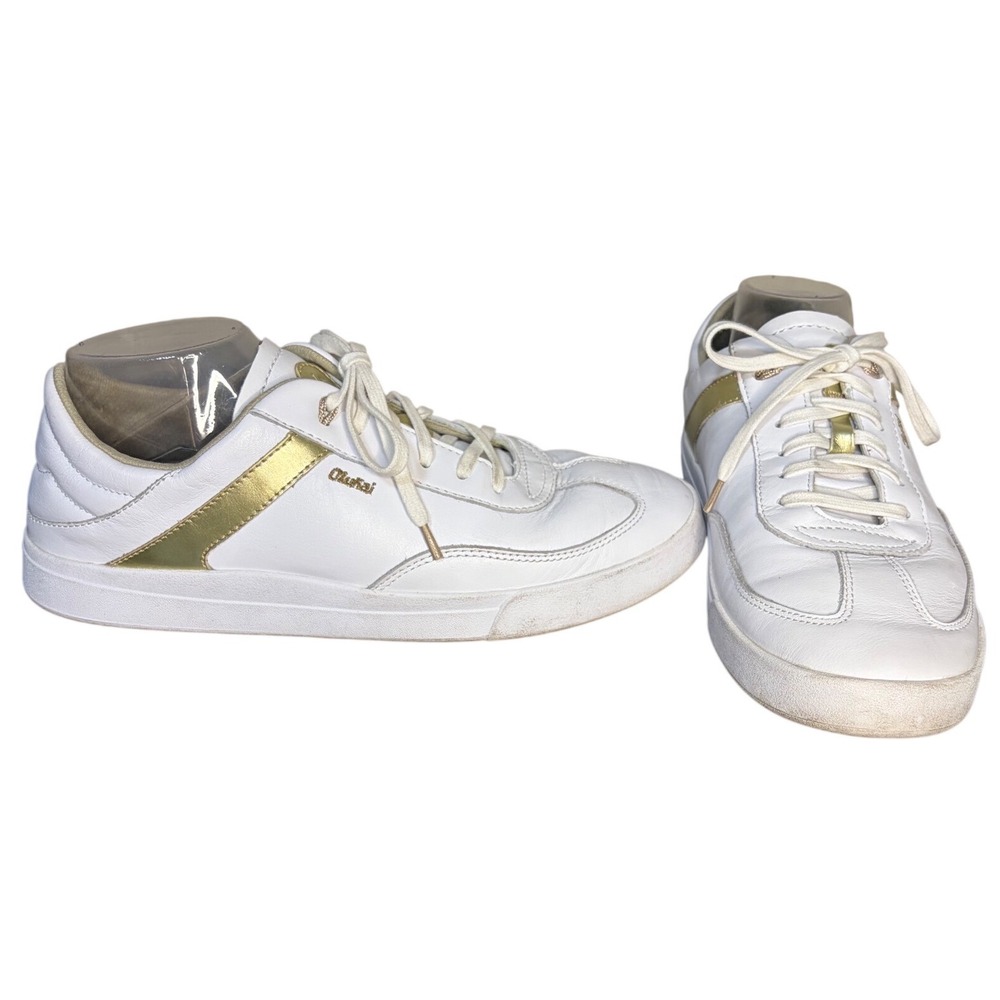 OluKai White Gold Ha'upu Leather Sneakers Metallic‎ Women's Size 11